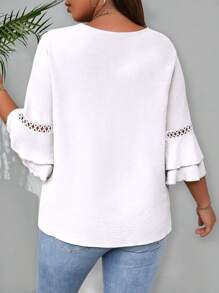 EMERY ROSE Plus Size Women's Solid Color V-Neck Long Sleeve Blouse, Minimalist & Stylish - White - View 2