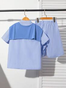 2pcs Tween Girl Striped Long Sleeve Shirt And Wide Leg Pants With Shawl Casual Set - Blue - View 2