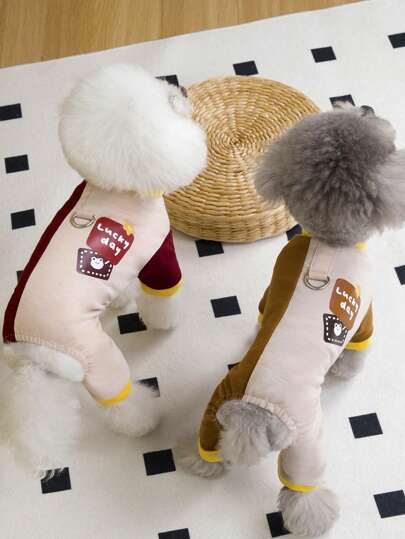 PETSIN 咖啡棕色休闲 Luckyday 熊与星星印花宠物保暖连体睡衣，春夏季