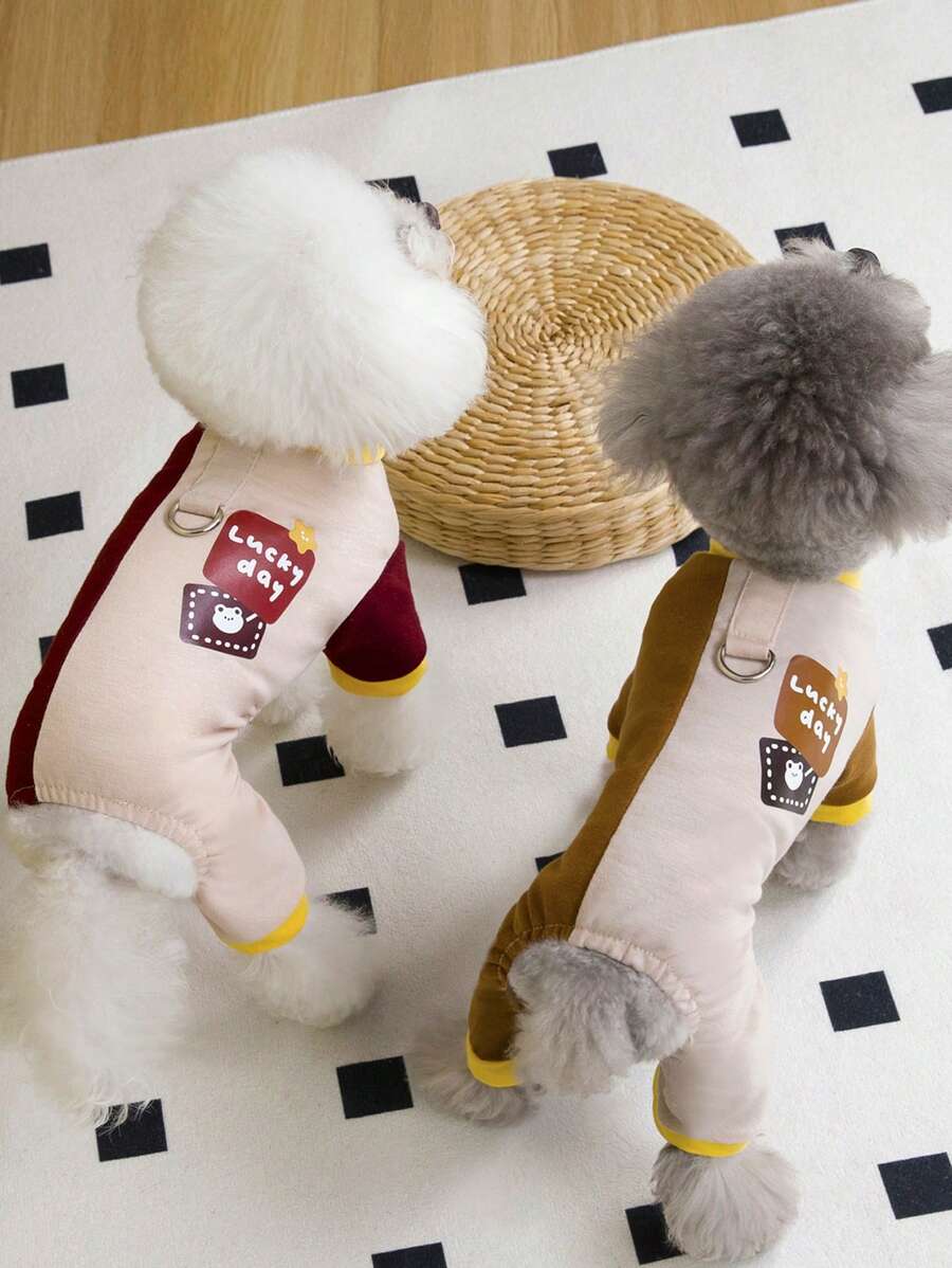 PETSIN 咖啡棕色休闲 Luckyday 熊与星星印花宠物保暖连体睡衣，春夏季 - 咖啡棕 - 查看 1