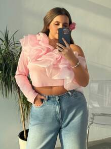 SHEIN Frenchy Blusa versátil talla grande para el trabajo, resort, té de la tarde, cita, concierto, fiesta, con estilo académico retro de moda INS para la playa, cuello de volantes voluminoso, cuello corto ajustado y asimétrico, manga larga, color rosa, adecuada para el Día de San Valentín