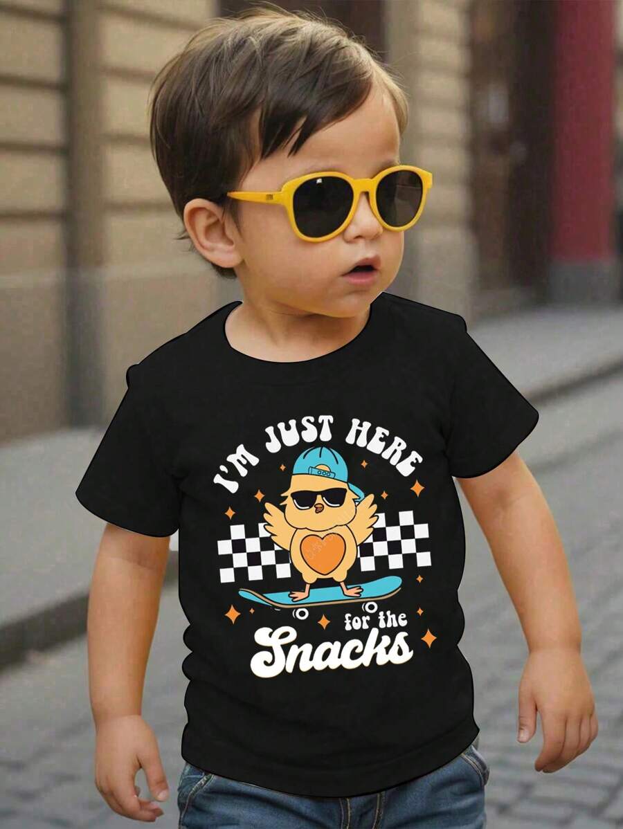 Bebeluş Băieţel Casual Creativ Drăguţ Pui Desene Animat Purtând Pălărie Tablă de șah Tricou cu mânecă scurtă cu litere, stil desenat