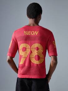 NEON BLANC Men's Street Fashion Knitted Numeric Short Sleeve Sweater - Red - View 3