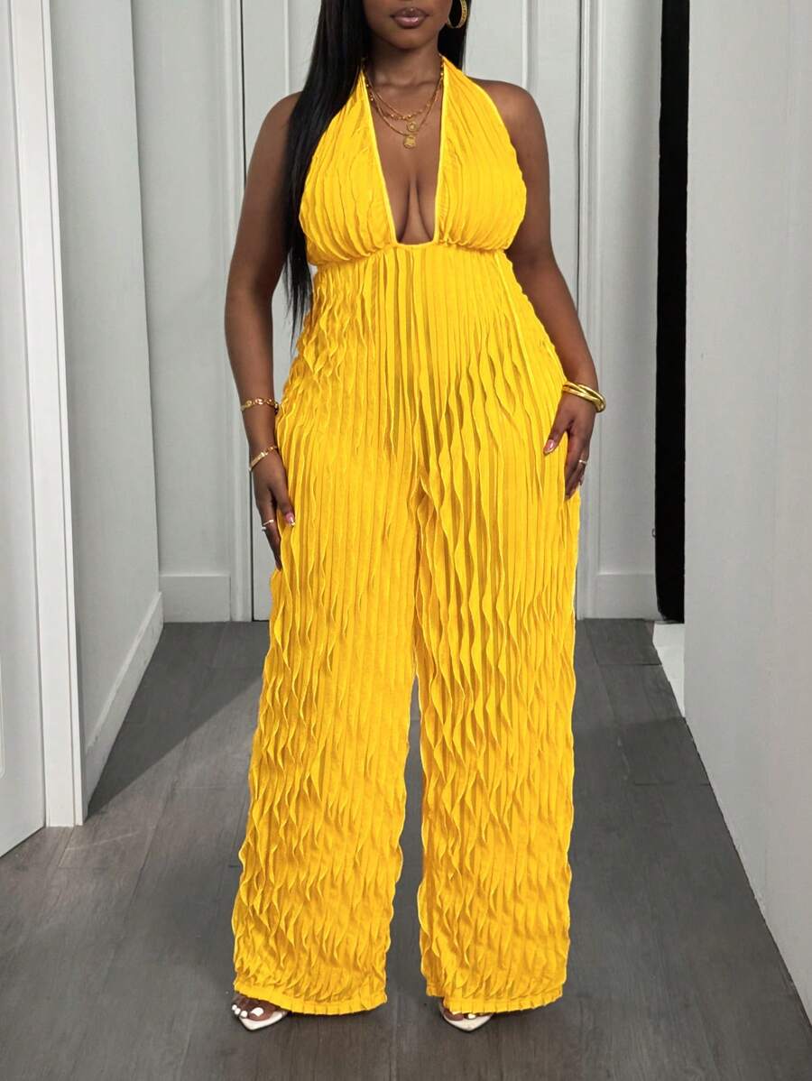 Slaydiva Plus Size Seksowny i elegancki halter bez ramiączek z odkrytymi plecami proste spodnie z tkaniny krowiej Louver