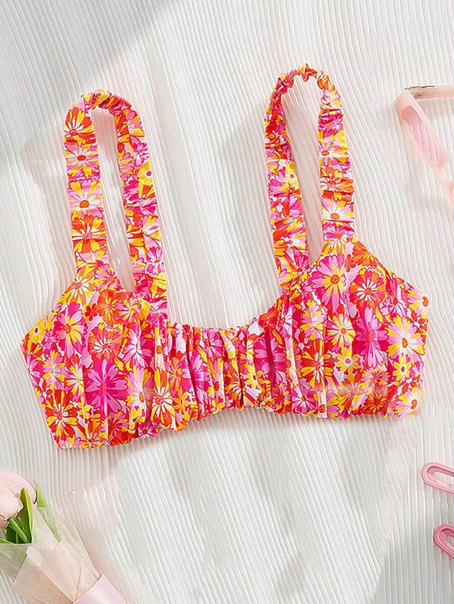 Swim Mod Spring Break Tropical Floral Ruched Wide Strap Wireless Sexy Women Vacation Bikini Swimwear Top For Summer - Multicolor - View 1