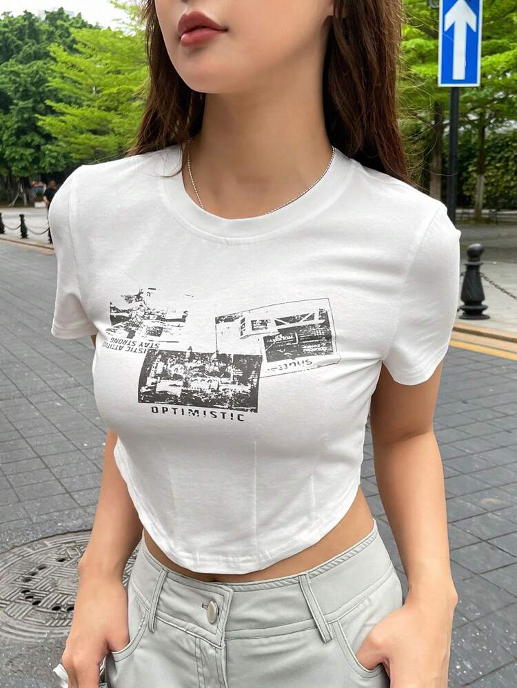 Slogan Graphic Curved Hem Crop Tee