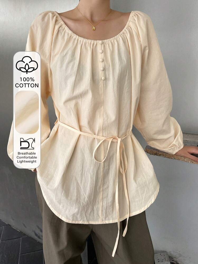Solid Color Loose Fit Long Sleeve Tie Neck Pleated Women Blouse,Fall Clothes