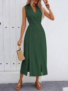SHEIN Clasi 女士夏季纯色翻领双排扣长款无袖通勤连衣裙长款女装 - 墨綠色 - 查看 3