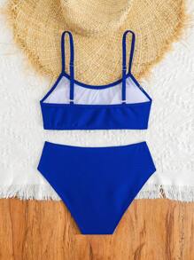 Teen Girls' Basic Style Specialty Fabric Striped Tankini Swimwear Set - Blue - View 7