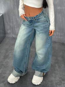 EURMUSE Pantalones vaqueros casuales de talle bajo, pernera ancha, lavado vintage, estilo Y2K con doblez - Azul lavado medio - Ver 3