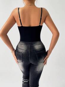 Zolique 女士纯色镂空低胸性感吊带背心紧身衣 - 黑色 - 查看 2