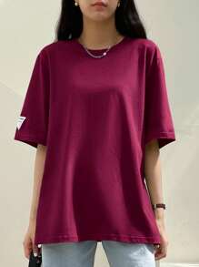 Dazy-Less 女士夏季宽松休闲T恤圆领落肩字母印花老款超大码T恤商务休闲女工作服 - 玫瑰紅 - 查看 2