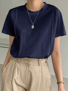 Dazy-Less 女士夏季纯色圆领短袖休闲T恤老款商务休闲女工作服 - 藏蓝色 - 查看 5