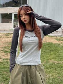 DAZY Letter Graphic Raglan Sleeve Crop Tee,Fall Clothes Long Sleeve Women Tops - Grey - View 3