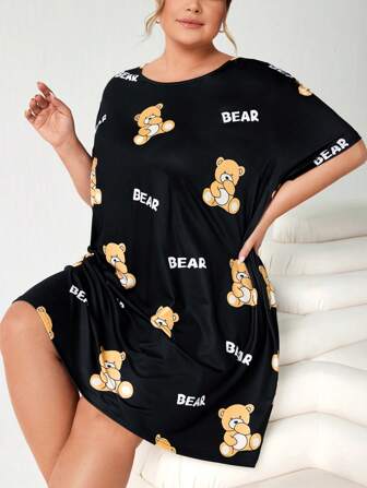 SHEIN CURVE+ Plus Size Fashionabla och söta björnar och bokstavstryckt T-shirt stickad klänning för kvinnor