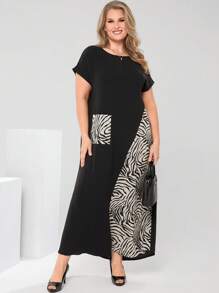 EMERY ROSE 大码女式斑马纹拼布圆领短袖口袋休闲连衣裙，优雅女装，女士夏季服装/夏季，女士度假服装，夏装，朴素服装