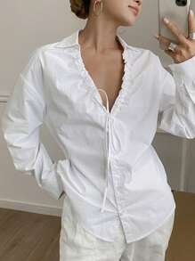 Livesso Women Solid Color Fitted Long Sleeve Drawstring Ruched Tie Blouse Summer Preppy Tops - White - View 3