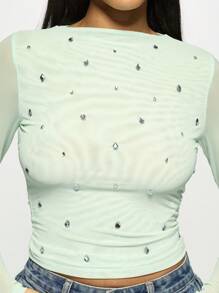 MISSGUIDED 水晶装饰长袖裁剪上衣网眼层时尚派对俱乐部晚间闪耀现代Y2K节俱乐部装秋冬 - 薄荷綠 - 查看 6