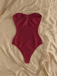 Soleia 白色纹理金属点缀紧身胸衣，适合海滩、度假 - 酒紅色 - 查看 2