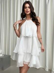 Firerie Valentine's Day New Elegant Romantic Date Backless Layered Hem White Organza Halter Swing Dress, Fancy Doll Dress,White Graduation Dress Spring/Summer Fairycore,Graduation,Graduation Dresses For Women,Back To School Dress - White - View 4