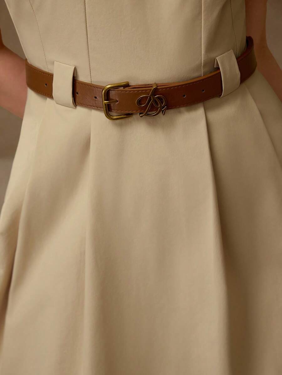 MOTF PREMIUM VESTIDO PLISADO CON CINTURÓN - Caqui - Ver 2