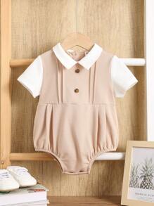 SHEIN Baby Boys Cute Summer 2 In 1 Color-Block Short Sleeve Lapel Bodysuit - Khaki - View 3