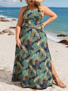 SHEIN VCAY Plus Size Vacation Beach Tropical Print Halter Neck Top & High Slit Skirt 2 Pieces Set Beach Women Two Pieces Outfits Beach Dresses For Woman - Multicolor - View 7