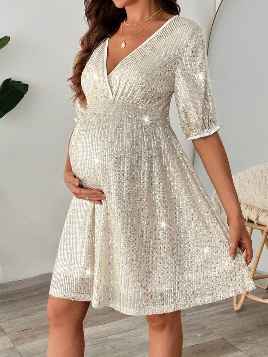 SHEIN 孕妇V领亮片短袖迷你连衣裙 - 杏色 - 查看 1
