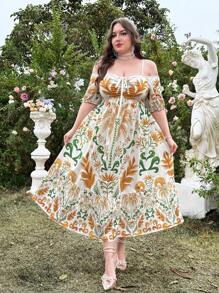 Flirla Plus Size Elegant Off Shoulder Waist Cinched Long Dress, For Spring/Summer, Vacation Wear