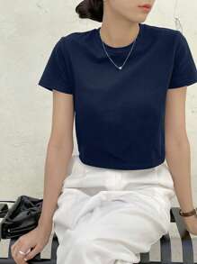 Dazy-Less Solid Crew Neck Crop Tee Summer Preppy Tops Business Casual Woman Work Clothes