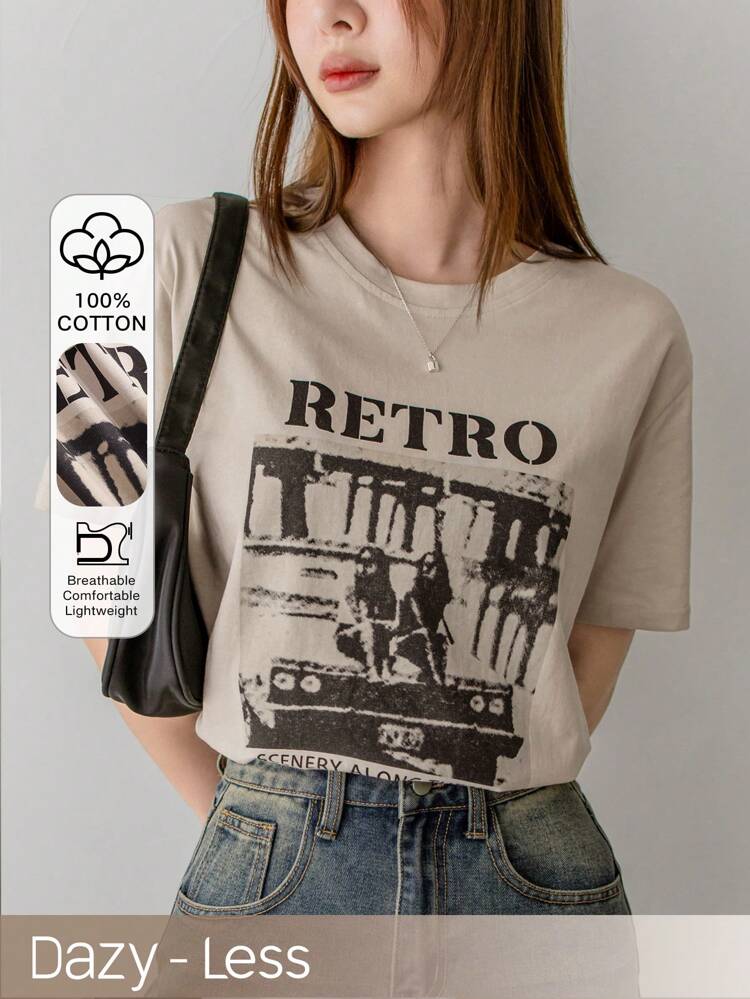 Loose Fit Short Sleeve T-Shirt With People And Letter Prints Summer,Graphic Tees Preppy Tops