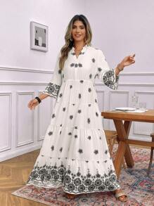 SHEIN LUNE Vestido de encaje con cuello en V y estampado floral con ubicación, de talla grande, de SHEINLUNE - Blanco y Negro - Ver 6