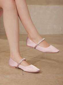 MOTF PREMIUM WOMEN ELEGANT FAUX PEARL BEADED SQUARE TOE FLATS SPRING SHOES SPRING BREAK EASTER - Baby Pink - View 8