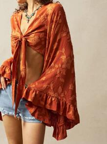 Bohemela 波西米亚风格镂空编织喇叭袖荷叶边下摆前系带女式衬衫 - 橘色 - 查看 3