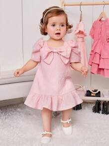 Babygirl 可爱夏季粉色蝴蝶纹理短袖连衣裙 - 粉色 - 查看 7