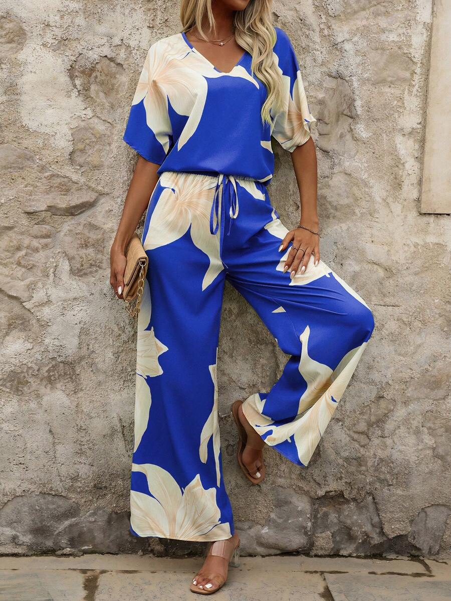 SHEIN Clasi 2pcs/Set Women Floral Print Minimalist Stylish Design, Suitable For Summer - Royal Blue - View 1