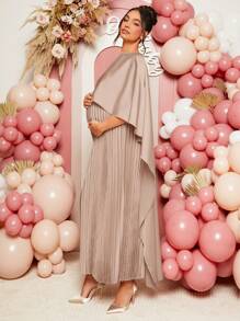 Loomaby 孕妇纯色缎面垂坠连衣裙，简约时尚孕妇装 - 藕粉色 - 查看 2