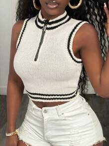 BamGleam Knitted Sleeveless Cropped Women's Sweater Vest, Standing Collar And Black And White Striped Women's Top With Diamond Zipper, Casual And Sexy Spring And Summer Women's Clothing That Meets Basic Travel Needs