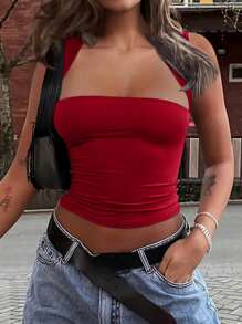 INAWLY 女士褶皱修身天鹅领休闲红色上衣