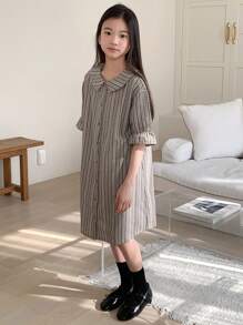 DAZY 女童彼得潘领中长短袖连衣裙，秋季 - 杏色 - 查看 2