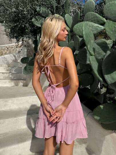 SHEIN EZwear 女士度假粉色编织露背吊带背心迷你连衣裙
