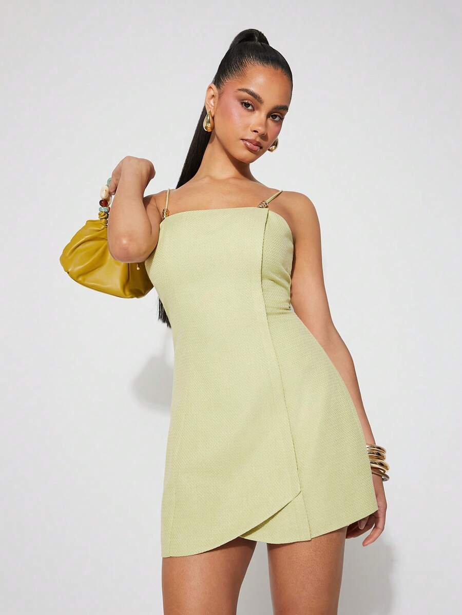 SHEIN Unity Dress Mini Beaded Wrap Spring Gold Detail Straight Neckline Festival Office Siren Summer Wedding Guest Special Occasion Bridal Dinner Prom Thanksgiving Christmas NYE New Years Eve Outfits For Women