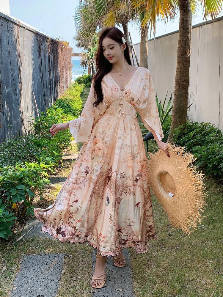 Holiday Beach Vacation Style Plant & Floral All-Over Print Elastic Waist V-Neck Dress With Ruffled Dress, Bohemian Drawstring Tied Fall Dress For Women Sundress Long Sleeve Dress Easter Maxi Dress Boho