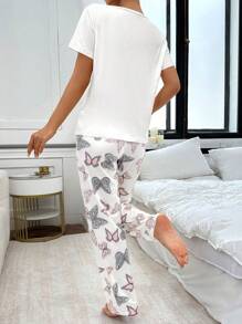 SHEIN Fashion Butterfly Placement Print Short Sleeve Top And Pants Set Bridallingerie - White - View 2