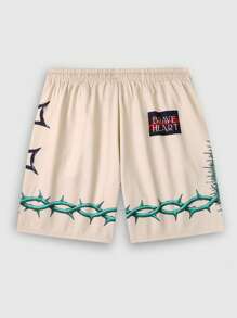 ROMWE MEN Street Life 1pc Men's Cross Letter Print Drawstring Waist Loose Casual Shorts - Khaki - View 2