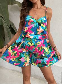 SHEIN 孕妇花卉印花荷叶边肩带连体衣，度假风格 - 綠色 - 查看 4