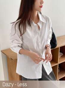 Dazy-Less Women Casual Business Solid Color Loose Long Sleeve Shirt,Long Sleeve Tops Old Money Style,Fall Clothes