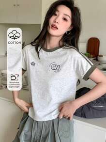 DAZY Women's Summer Casual Short Sleeve T-Shirt With Letter Print And Raglan Sleeve,Crop Tops Women - Grey - View 1