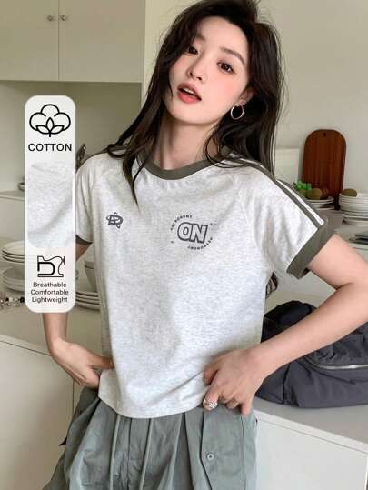 DAZY 女式夏季休闲短袖T恤，字母印花，插肩袖，短款上衣