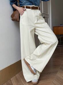 DAZY Women's Plain Pocket Casual Loose Straight Leg Pants, Versatile - Beige - View 3